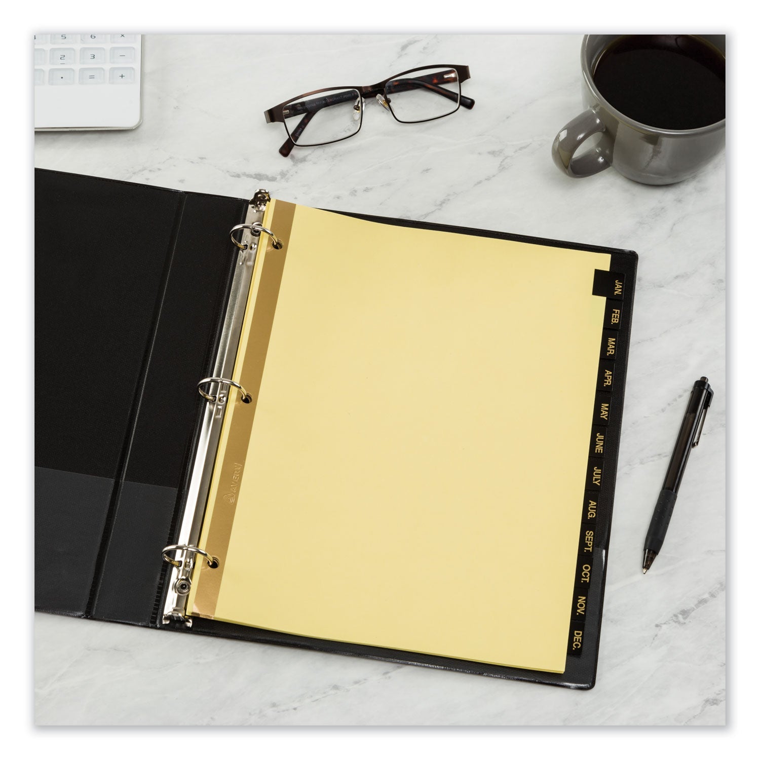 Avery Preprinted Black Leather Tab Dividers w/Gold Reinforced Edge, 12-Tab, Jan. to Dec., 11 x 8.5, Buff, 1 Set