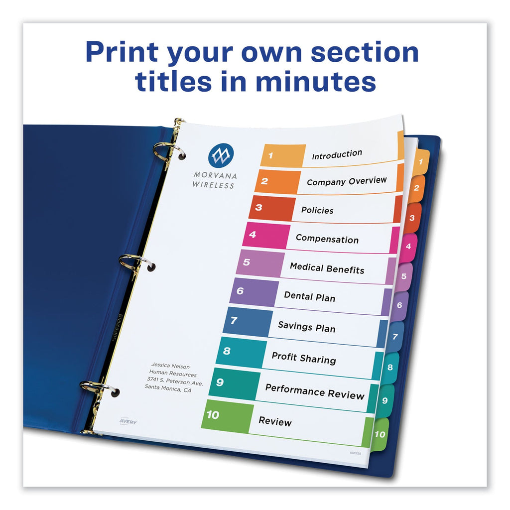 Avery Customizable TOC Ready Index Multicolor Tab Dividers, 10-Tab, 1 to 10, 11 x 8.5, White, Traditional Color Tabs, 1 Set