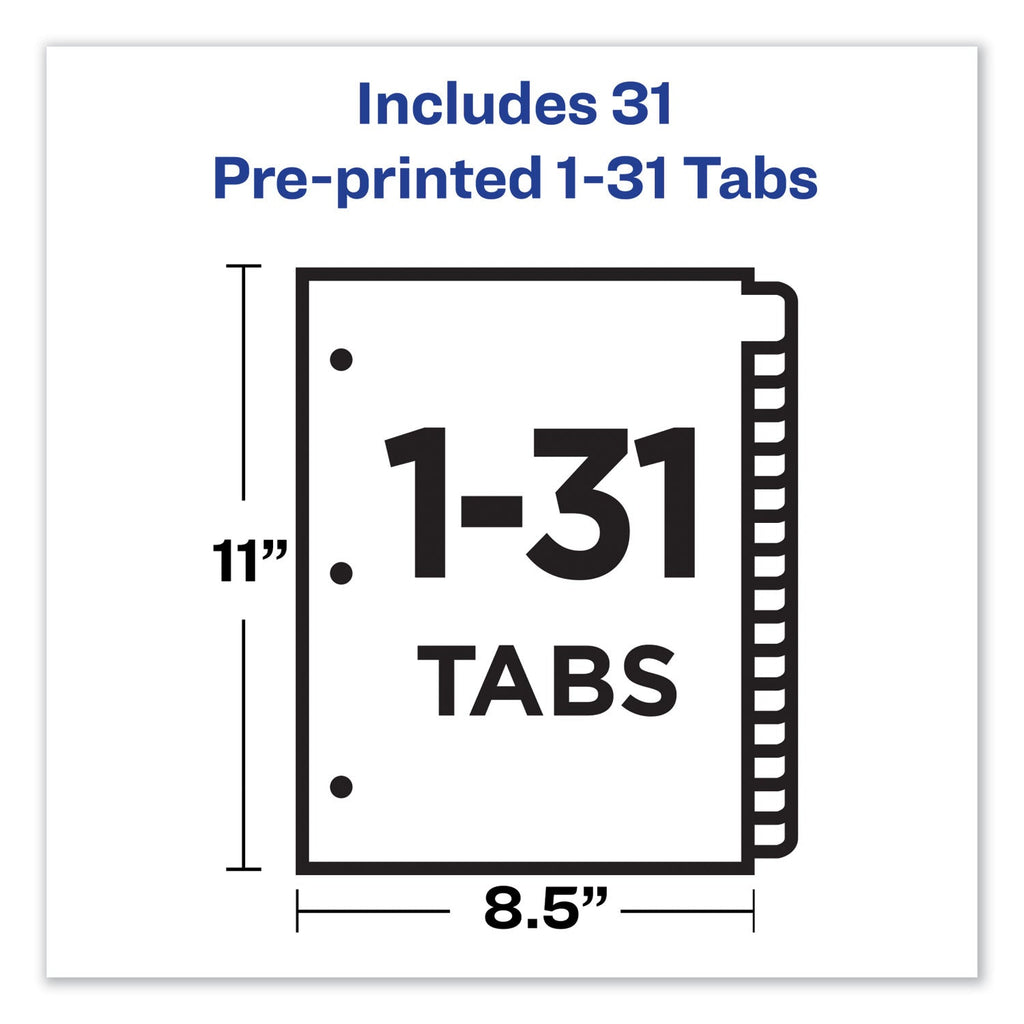 Avery Preprinted Black Leather Tab Dividers w/Gold Reinforced Edge, 31-Tab, 1 to 31, 11 x 8.5, Buff, 1 Set
