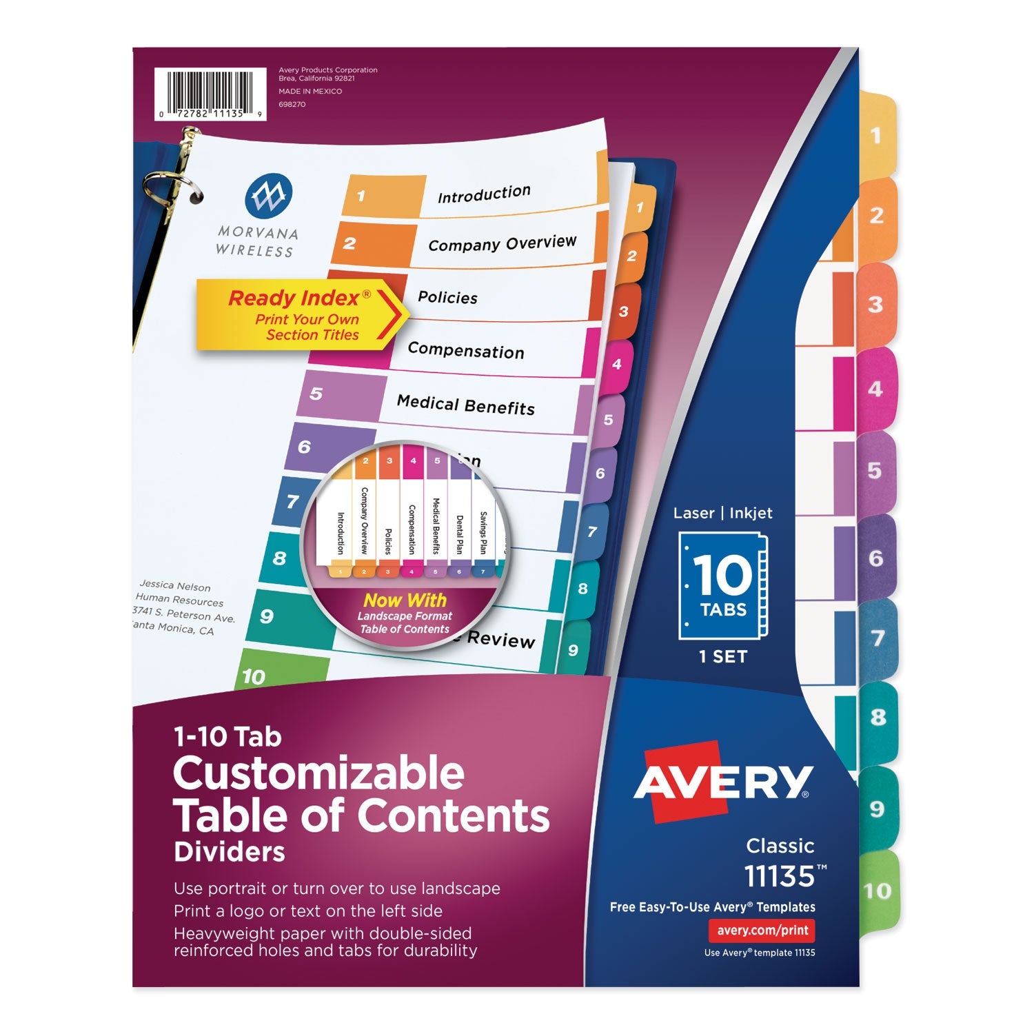 Avery Customizable TOC Ready Index Multicolor Tab Dividers, 10-Tab, 1 to 10, 11 x 8.5, White, Traditional Color Tabs, 1 Set