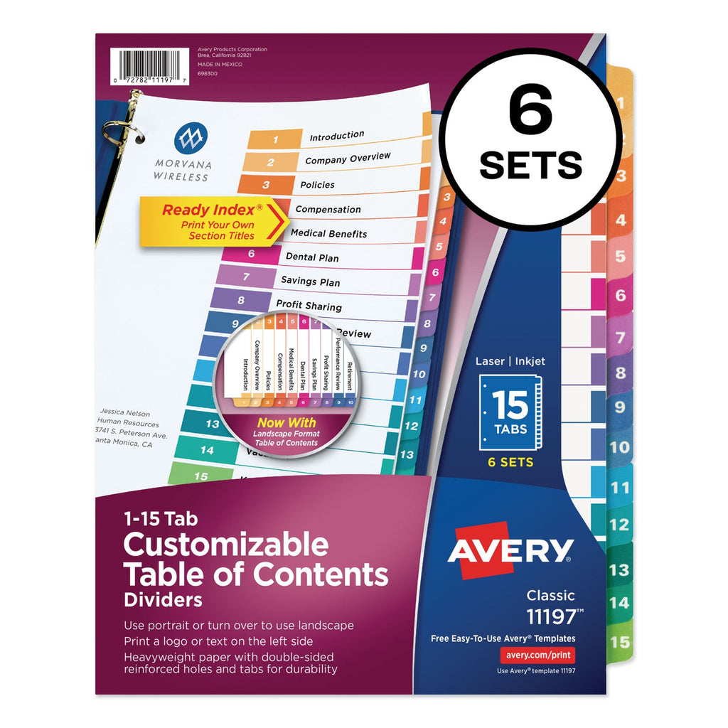 Avery Customizable TOC Ready Index Multicolor Tab Dividers, 15-Tab, 1 to 15, 11 x 8.5, White, Traditional Color Tabs, 6 Sets