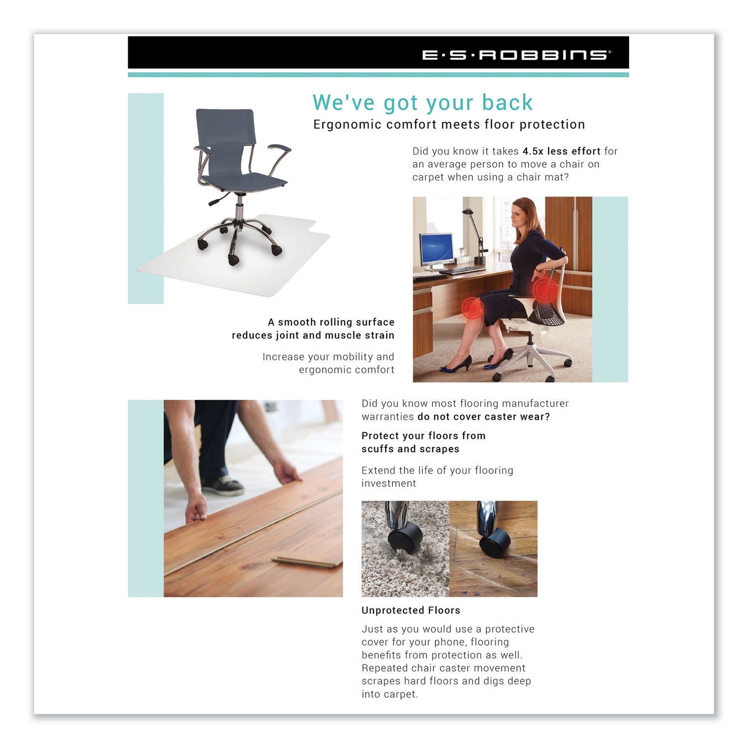 ES Robbins EverLife Chair Mat for Hard Floors, Light Use, Rectangular, 46" x 60", Clear