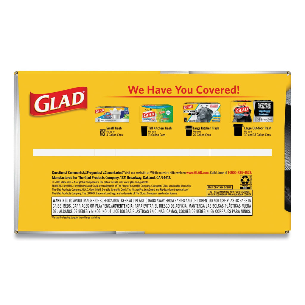 Glad ForceFlexPlus Drawstring Large Trash Bags, 30 gal, 1.05 mil, 30" x 32", Black, 70/Box