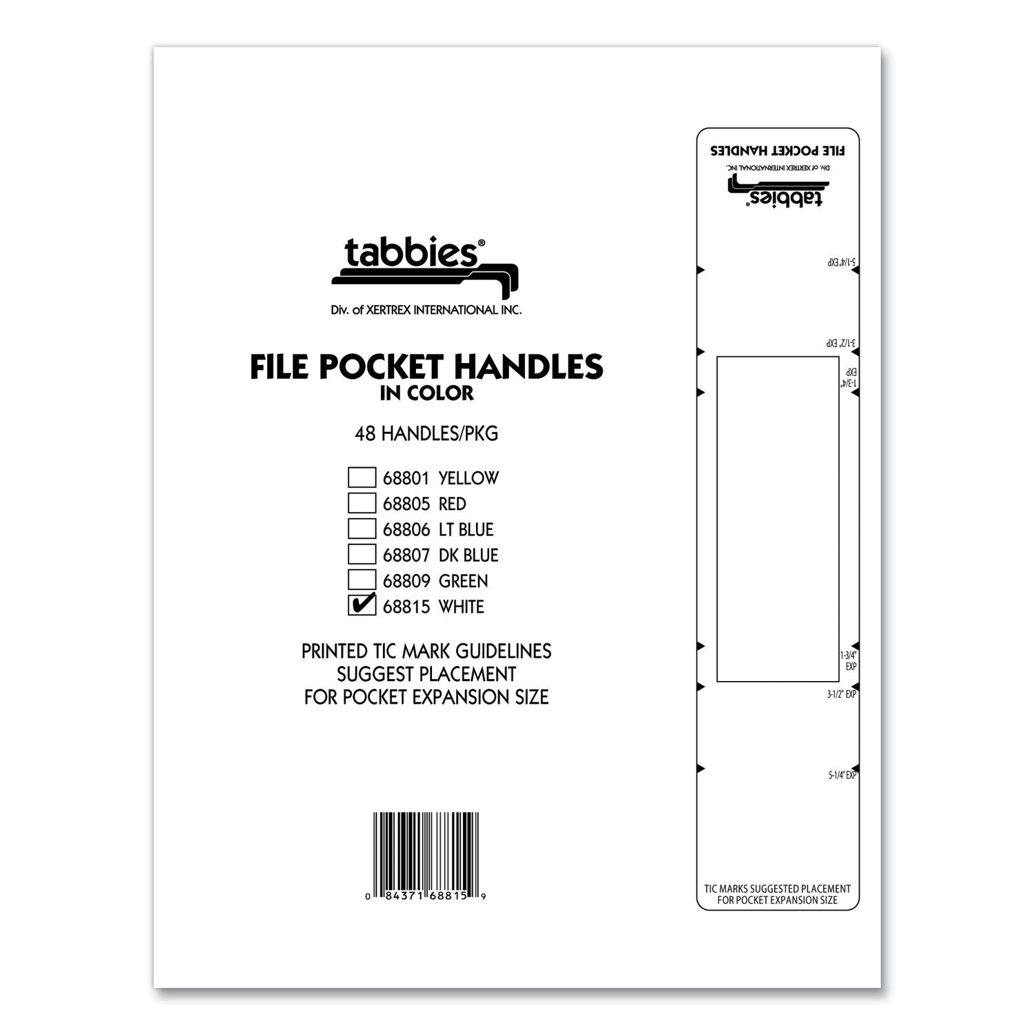 Tabbies File Pocket Handles, 9.63 x 2, White, 4/Sheet, 12 Sheets/Pack