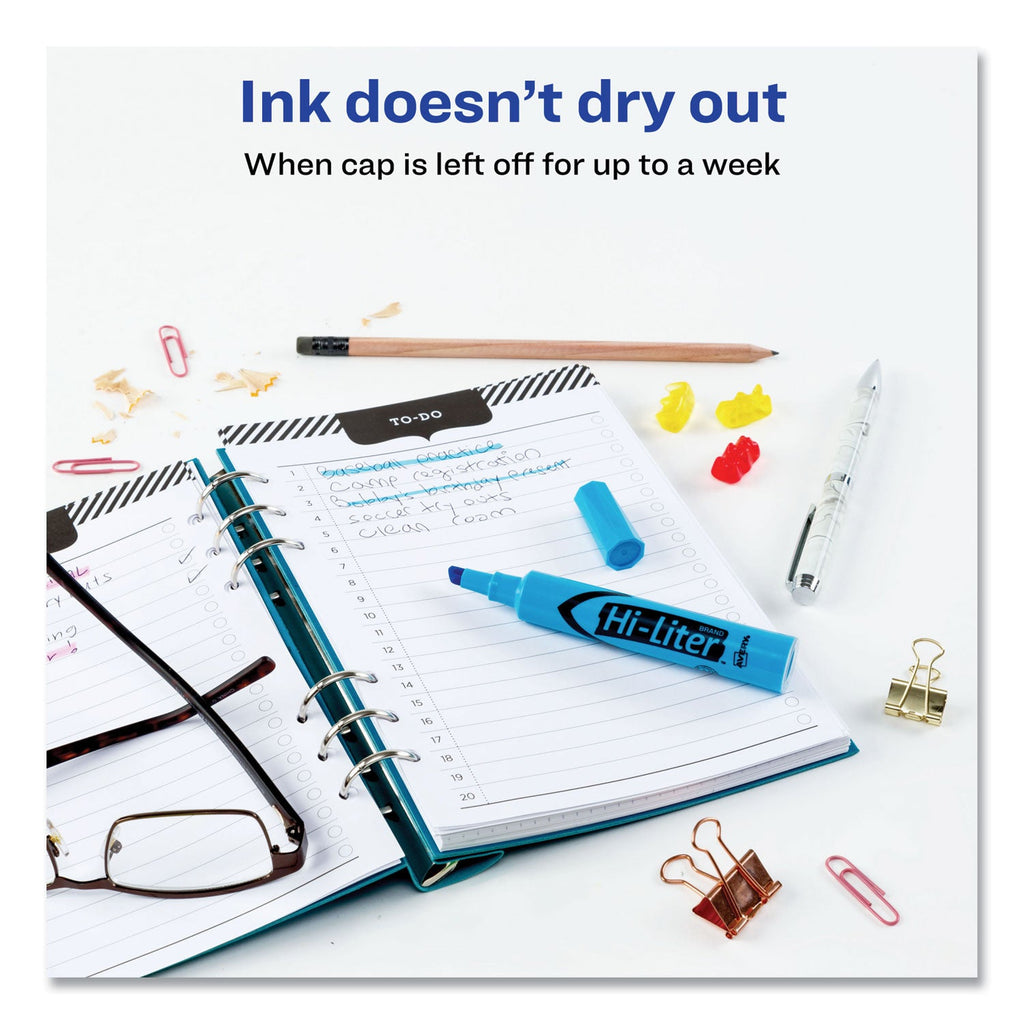 Avery HI-LITER Desk-Style Highlighters, Fluorescent Blue Ink, Chisel Tip, Blue/Black Barrel, Dozen