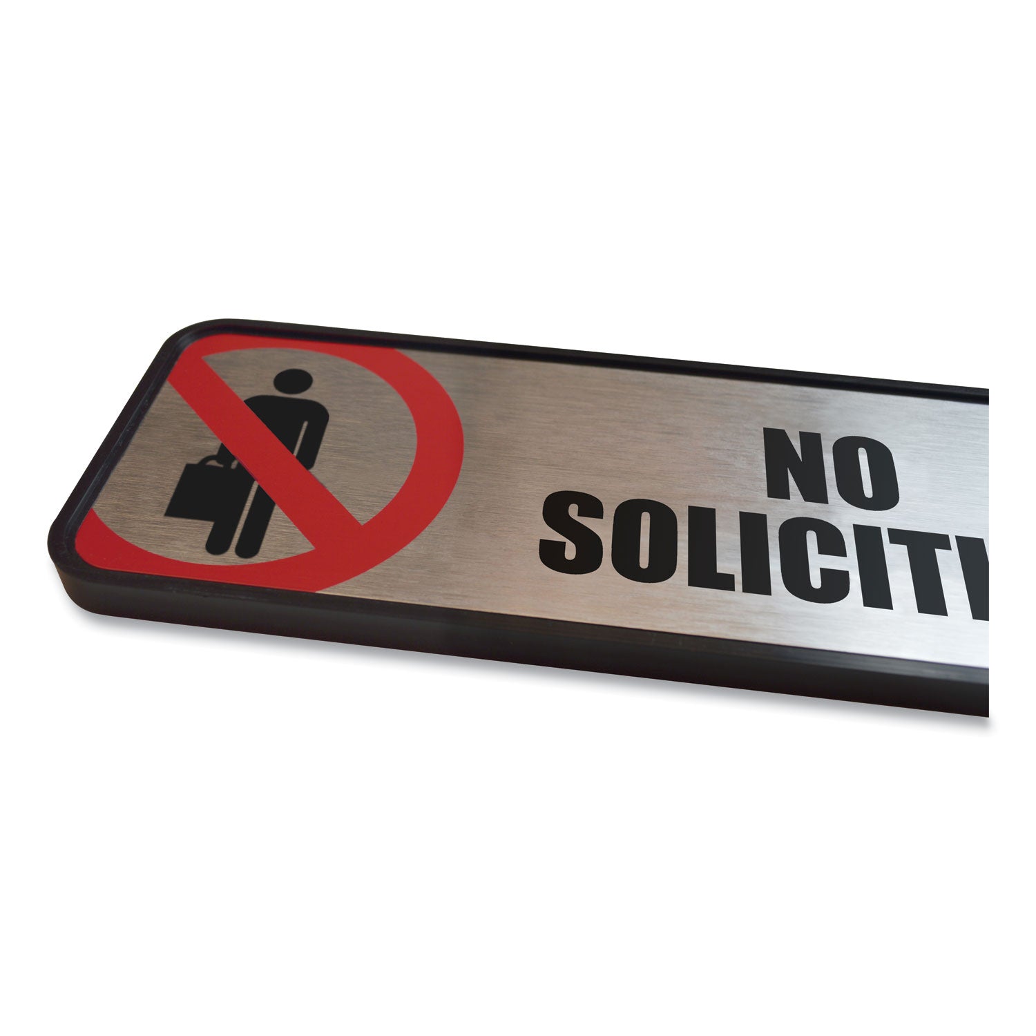 COSCO Brushed Metal Office Sign, No Soliciting, 9 x 3, Silver/Red