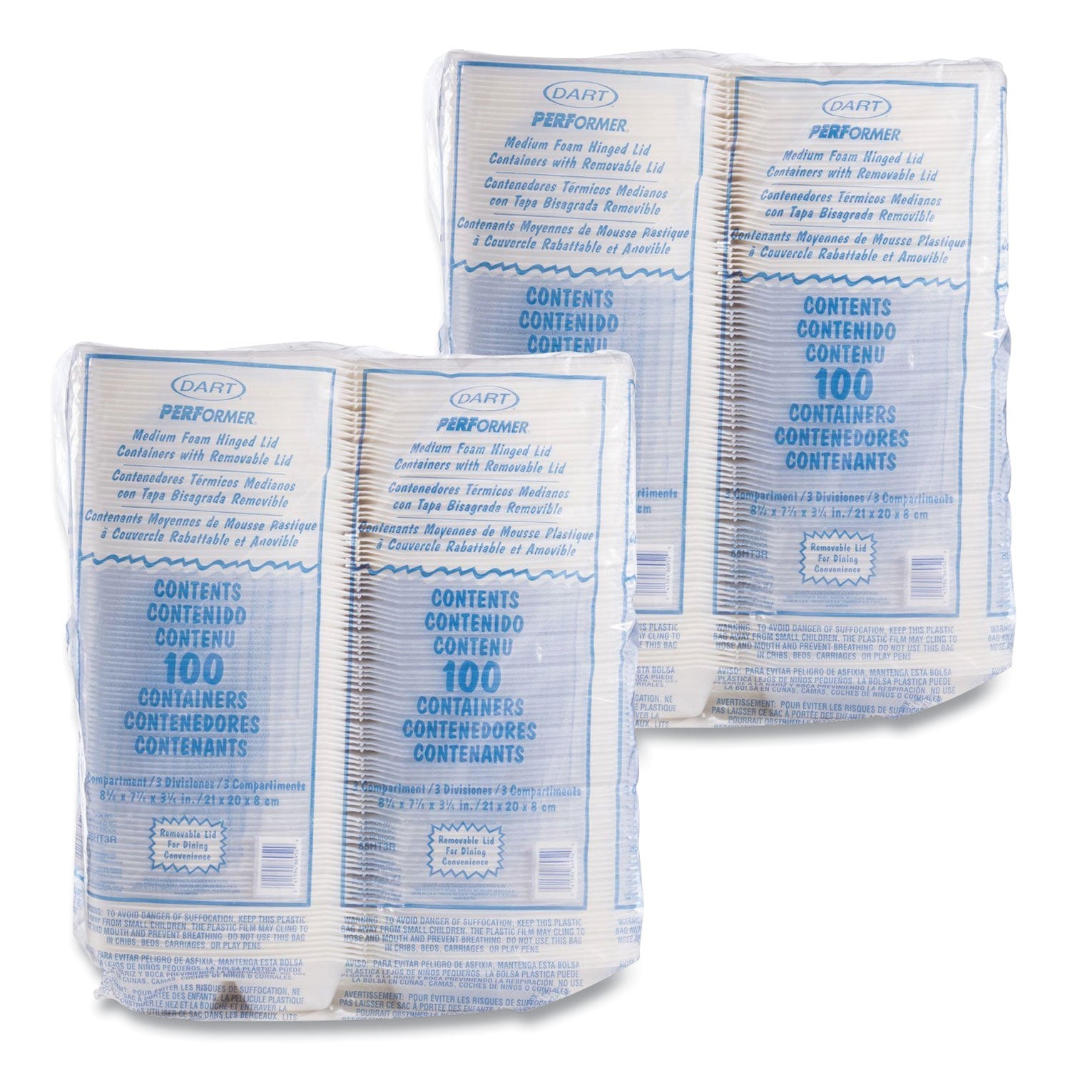 Dart Foam Hinged Lid Containers, 3-Compartment, 8.38 x 7.78 x 3.25, 200/Carton