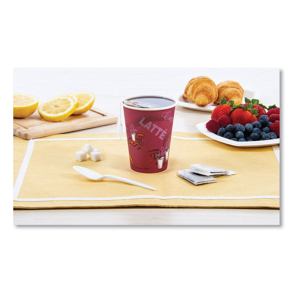 Dart Solo Paper Hot Drink Cups in Bistro Design, 12 oz, Maroon, 50/Bag, 20 Bags/Carton