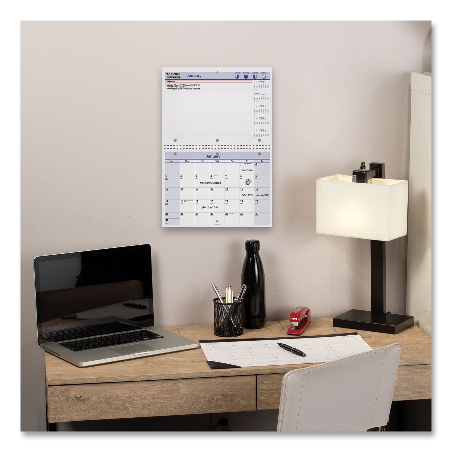 AT-A-GLANCE QuickNotes Desk/Wall Calendar, 3-Hole Punched, 11 x 8, White/Blue/Yellow Sheets, 12-Month (Jan to Dec): 2023