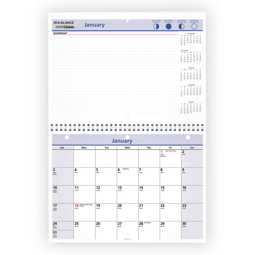 AT-A-GLANCE QuickNotes Desk/Wall Calendar, 3-Hole Punched, 11 x 8, White/Blue/Yellow Sheets, 12-Month (Jan to Dec): 2023