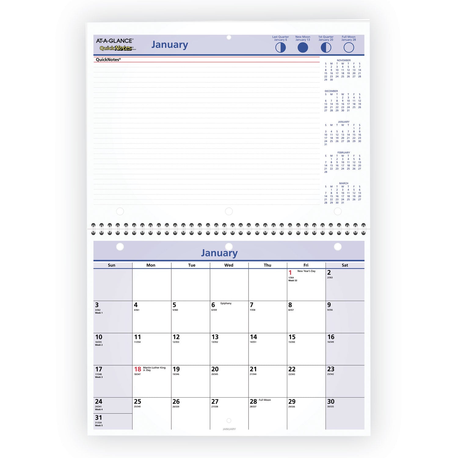 AT-A-GLANCE QuickNotes Desk/Wall Calendar, 3-Hole Punched, 11 x 8, White/Blue/Yellow Sheets, 12-Month (Jan to Dec): 2023