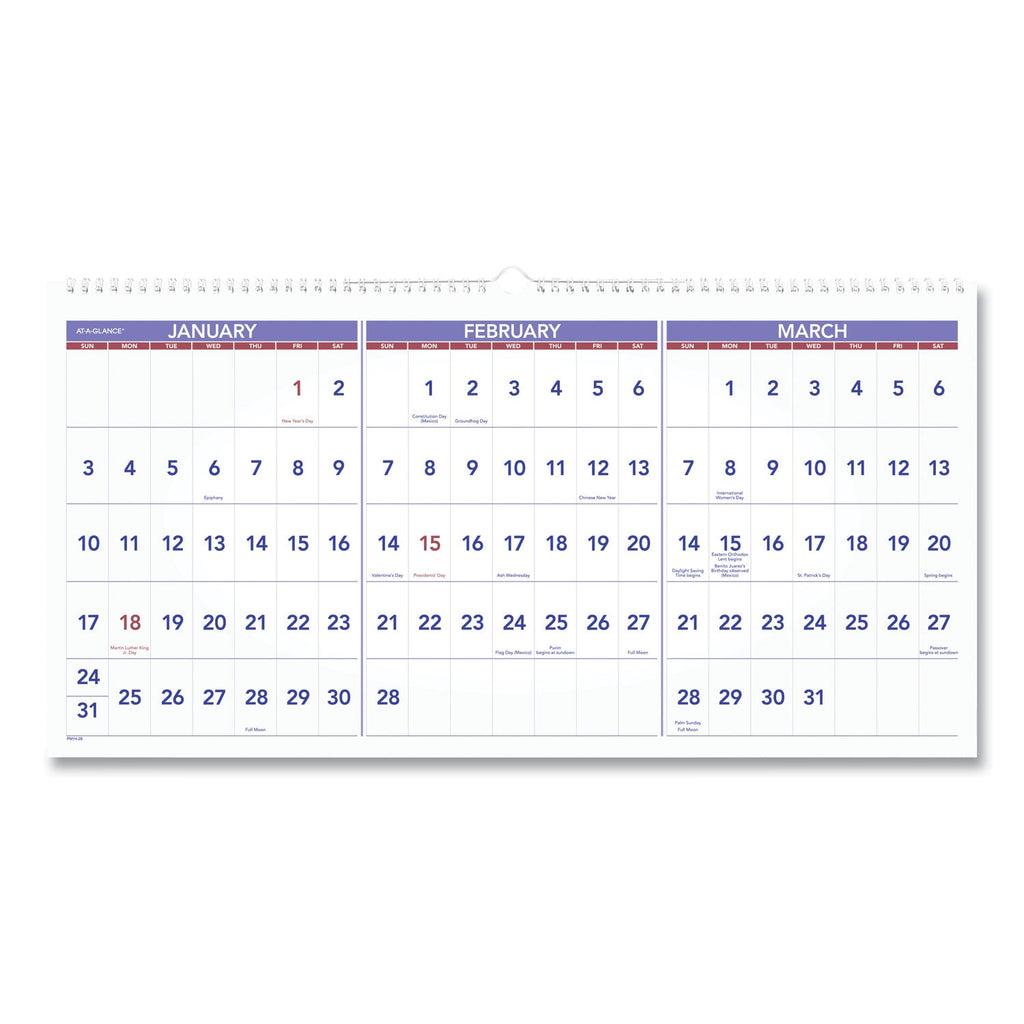 AT-A-GLANCE Deluxe Three-Month Reference Wall Calendar, Horizontal Orientation, 24 x 12, White Sheets, 15-Month (Dec-Feb): 2022 to 2024