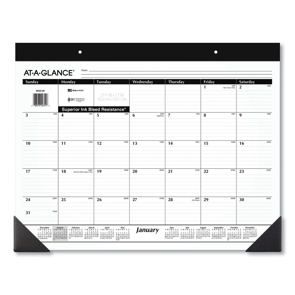 AT-A-GLANCE Monthly Refillable Desk Pad, 22 x 17, White Sheets, Black Binding, Black Corners, 12-Month (Jan to Dec): 2023