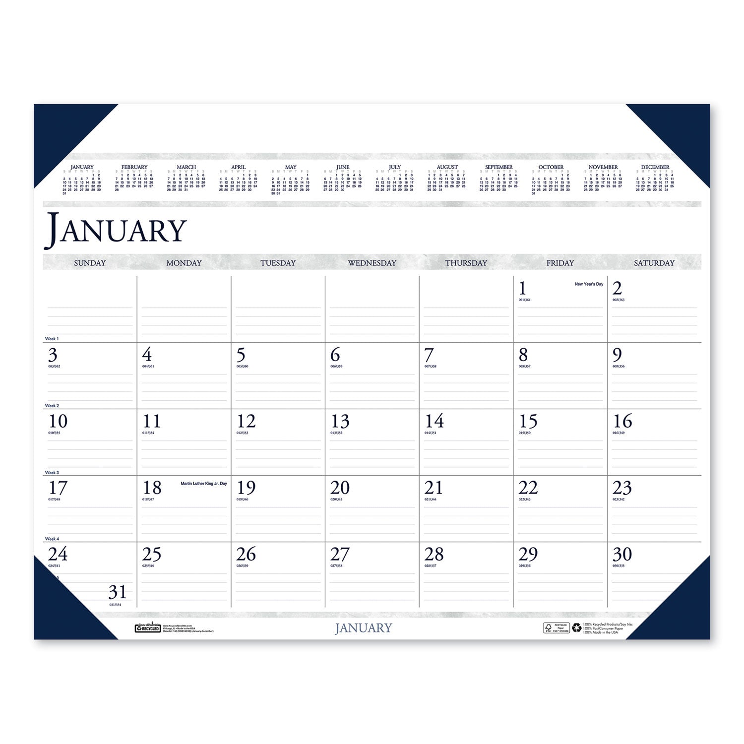 House of Doolittle Executive Monthly Desk Pad Calendar, 24 x 19, White/Blue Sheets, Blue Corners, 12-Month (Jan to Dec): 2023