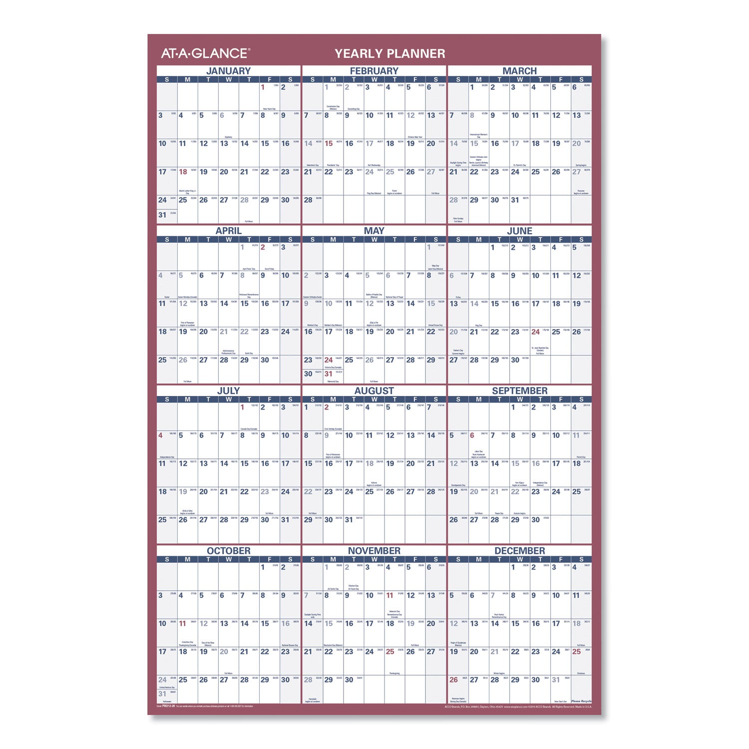 AT-A-GLANCE Vertical/Horizontal Wall Calendar, 24 x 36, White/Blue/Red Sheets, 12-Month (Jan to Dec): 2023
