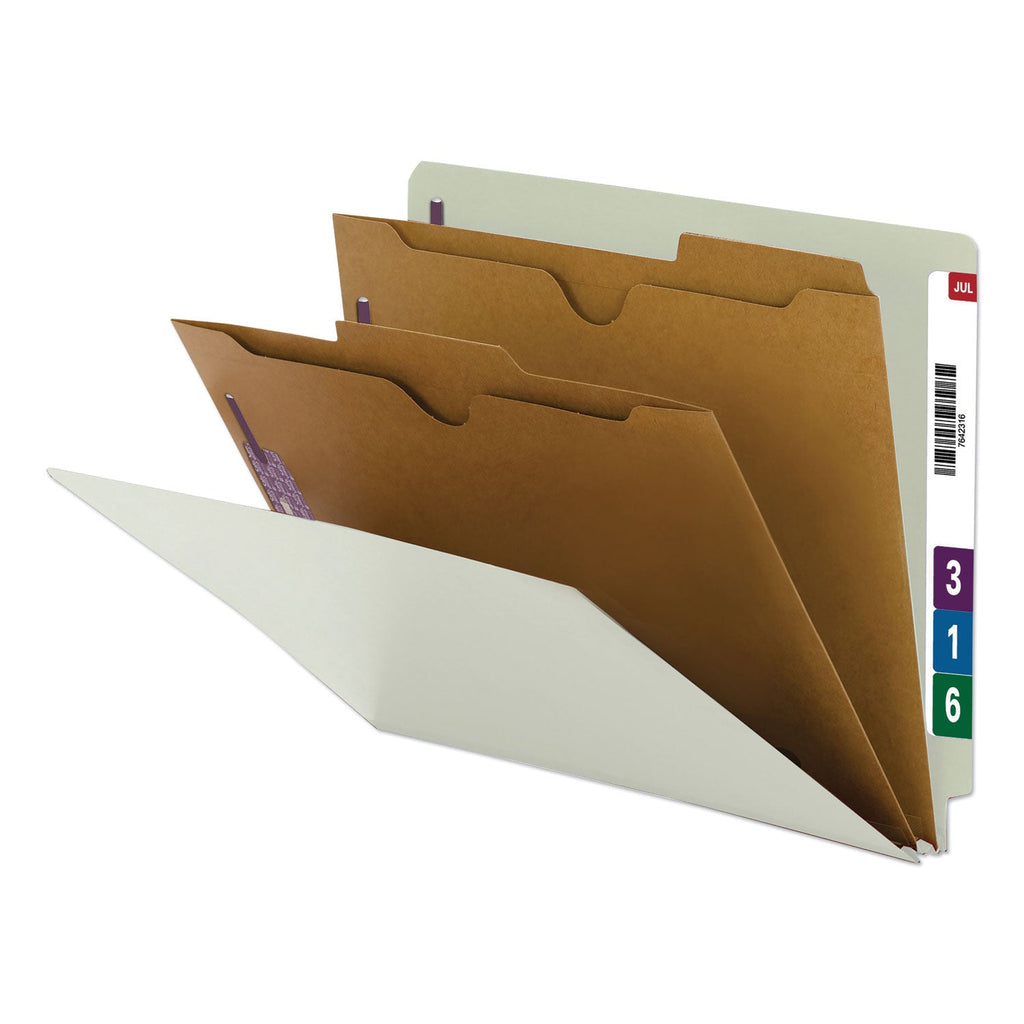 Smead X-Heavy End Tab Pressboard Classification Folder with SafeSHIELD Fastener, 2-Pocket Dividers, Letter Size, Gray-Green, 10/Box