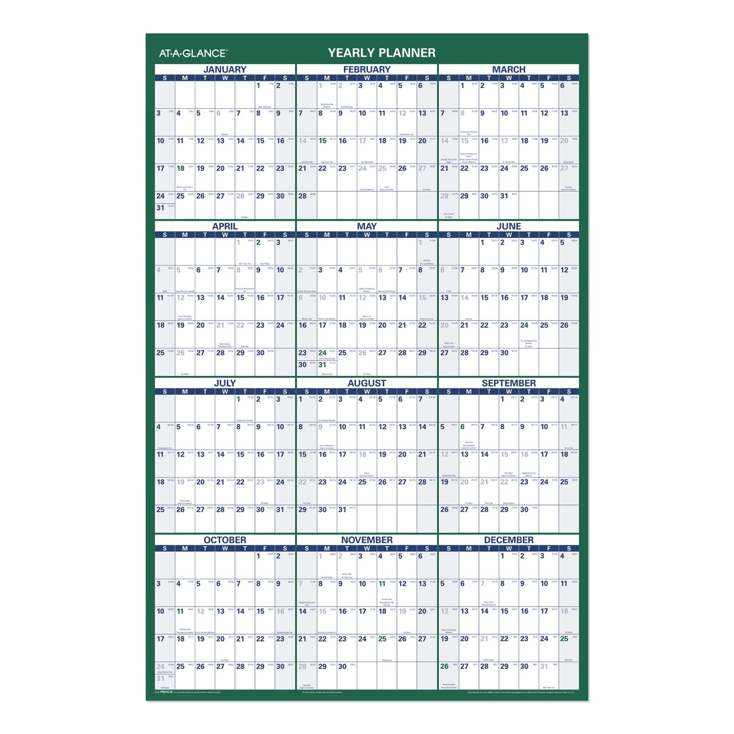 AT-A-GLANCE Vertical Erasable Wall Planner, 24 x 36, White/Green Sheets, 12-Month (Jan to Dec): 2023