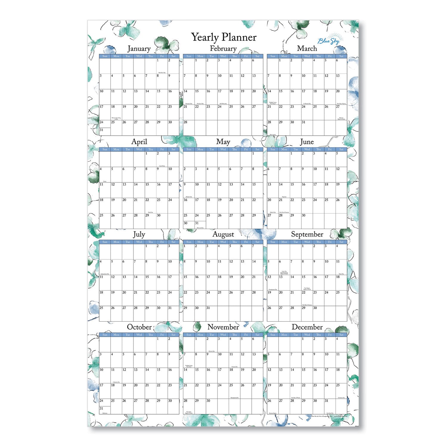 Blue Sky Lindley Laminated Erasable Wall Calendar, Lindley Floral Artwork, 36 x 24, White/Blue/Green Sheets, 12-Month (Jan-Dec): 2023