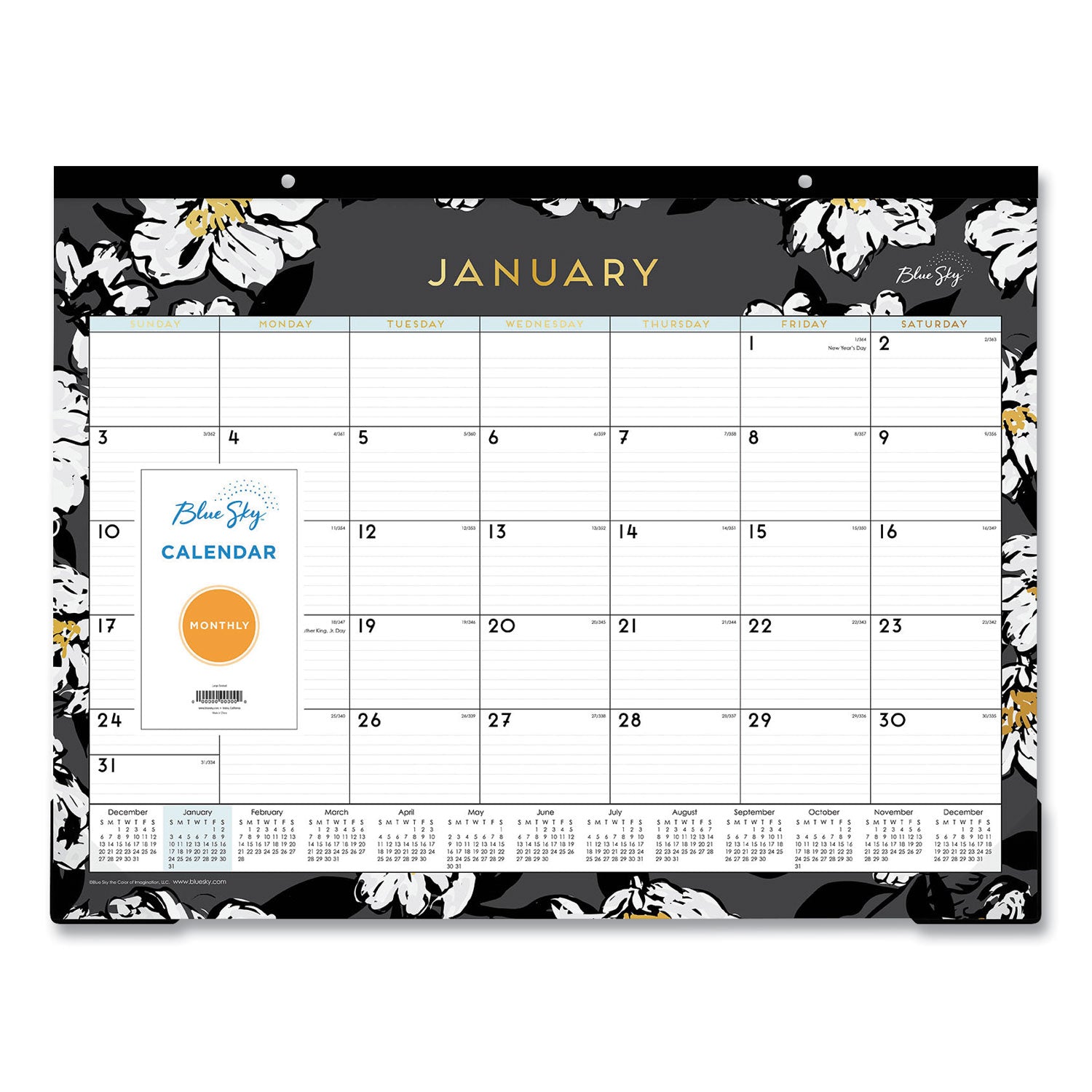 Blue Sky Baccara Dark Desk Pad, Baccara Dark Floral Artwork, 22 x 17, White/Black Sheets, Black Binding, Clear Corners, 2023