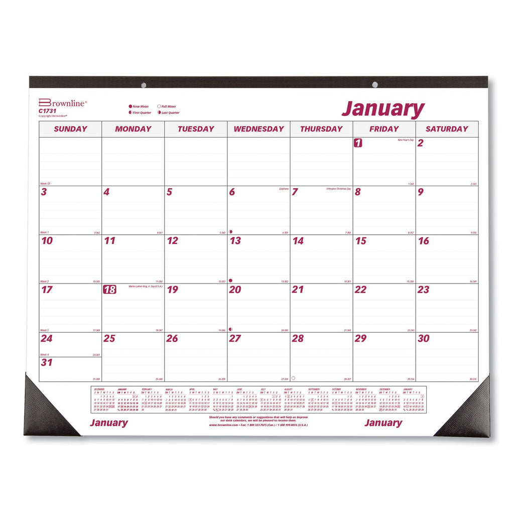 Brownline Monthly Desk Pad Calendar, 22 x 17, White/Burgundy Sheets, Black Binding, Black Corners, 12-Month (Jan to Dec): 2023