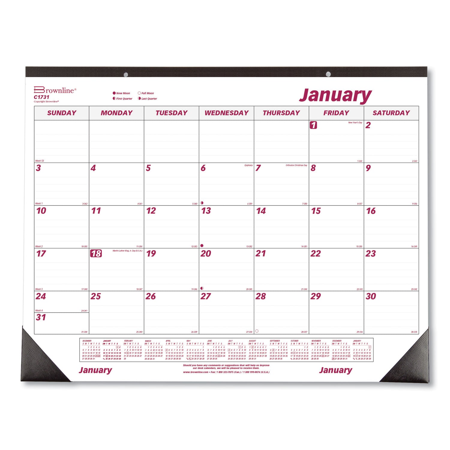 Brownline Monthly Desk Pad Calendar, 22 x 17, White/Burgundy Sheets, Black Binding, Black Corners, 12-Month (Jan to Dec): 2023