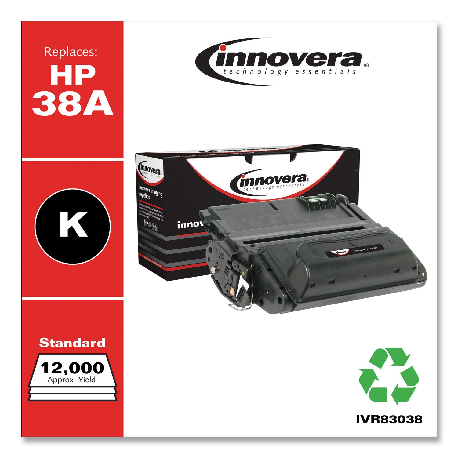 Innovera Remanufactured Black Toner, Replacement for 38A (Q1338A), 12,000 Page-Yield