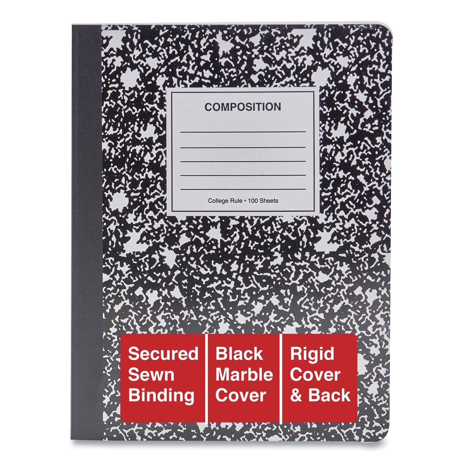 Universal Composition Book, Medium/College Rule, Black Marble Cover, 9.75 x 7.5, 100 Sheets, 6/Pack