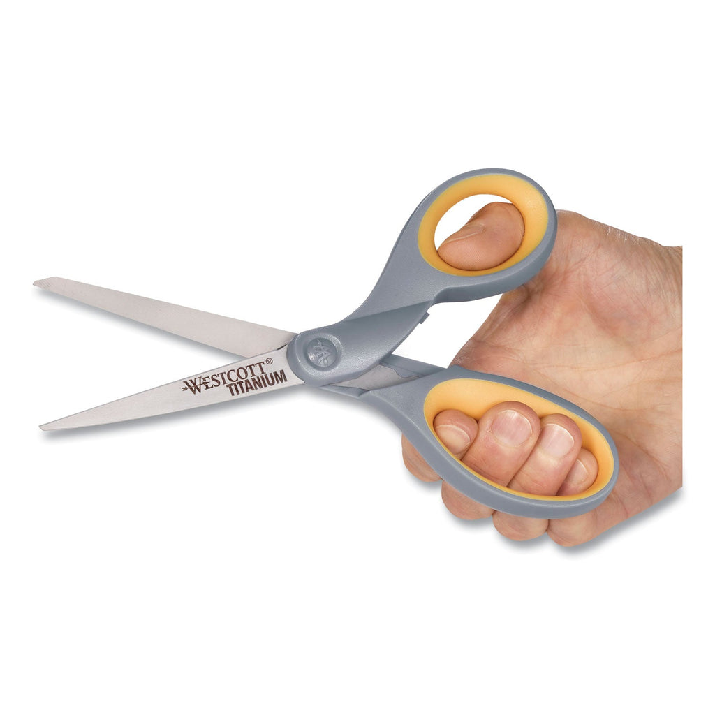 Westcott Titanium Bonded Scissors, 8" Long, 3.5" Cut Length, Gray/Yellow Straight Handle