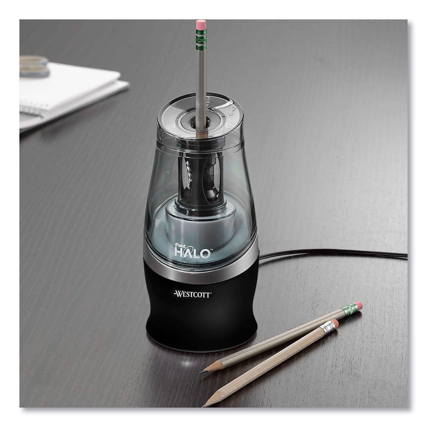 Westcott Halo Colored Pencil Non-Stick Electric Sharpener, AC-Powered, 3.5 x 6.75, Black/Silver