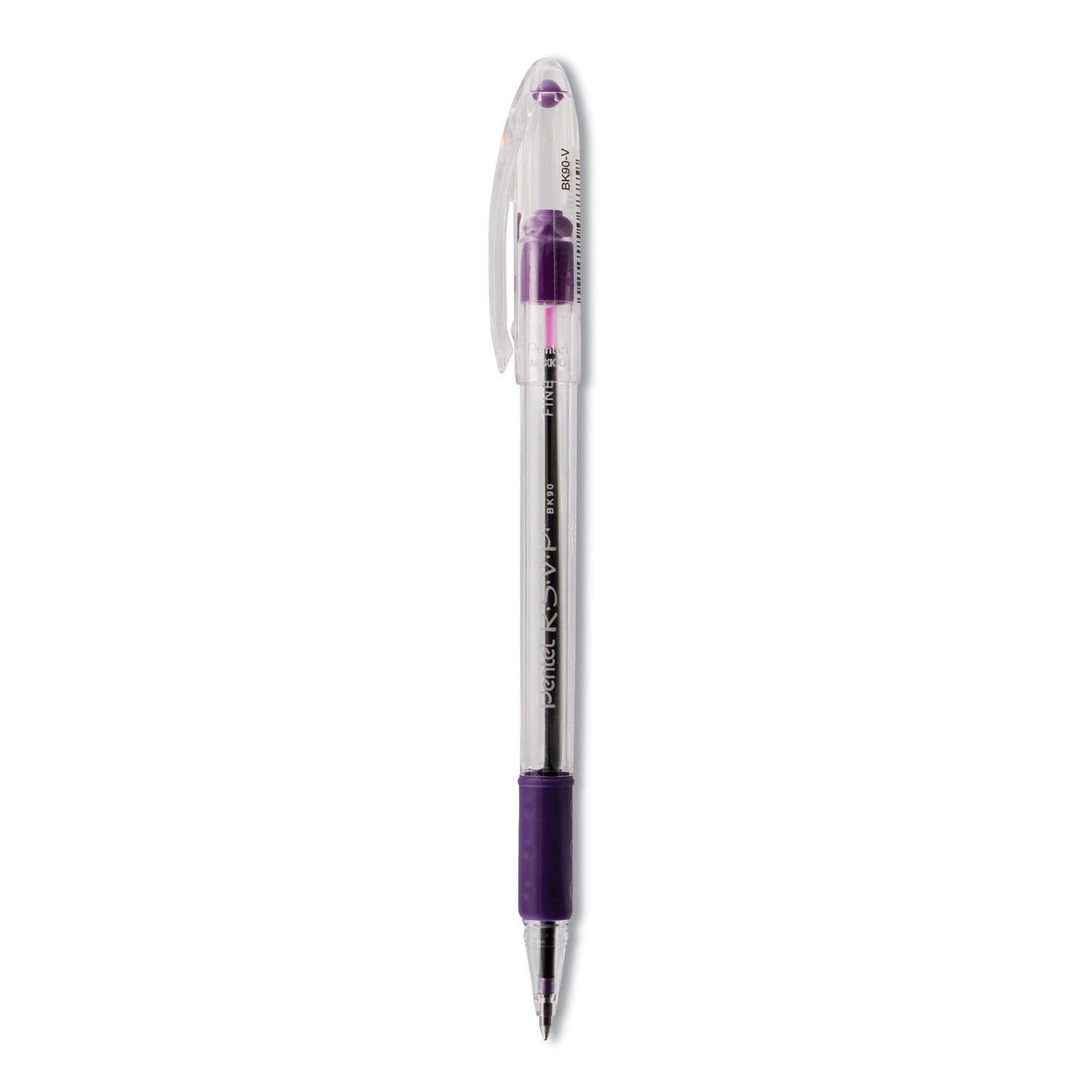 Pentel R.S.V.P. Ballpoint Pen, Stick, Fine 0.7 mm, Violet Ink, Clear/Violet Barrel, Dozen