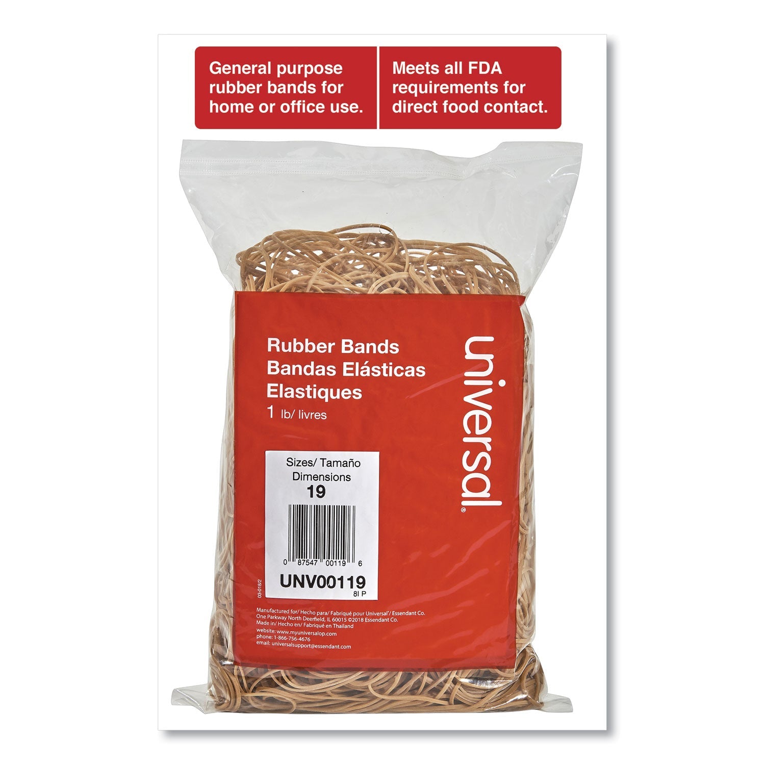 Universal Rubber Bands, Size 19, 0.04" Gauge, Beige, 1 lb Bag, 1,240/Pack