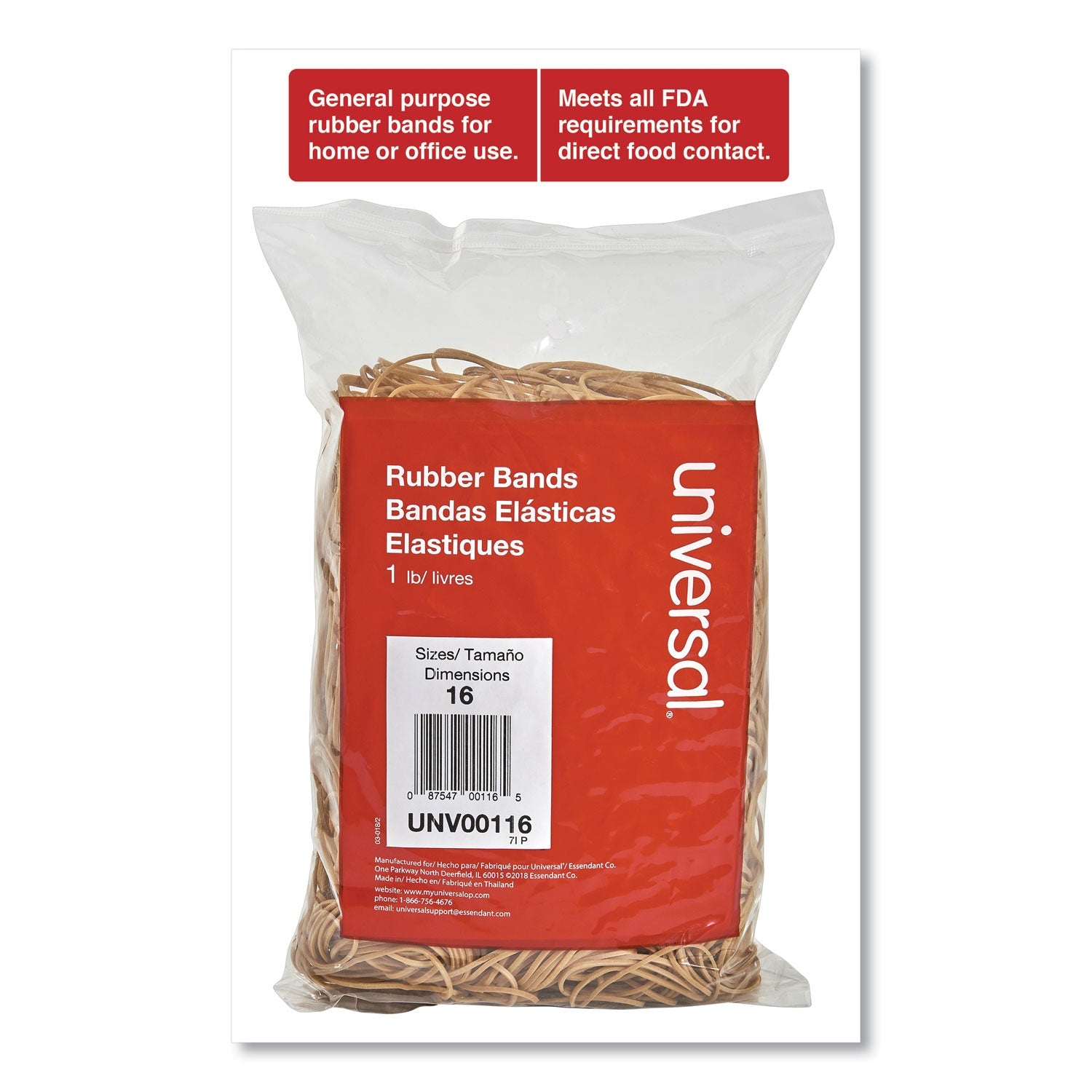 Universal Rubber Bands, Size 16, 0.04" Gauge, Beige, 1 lb Box, 1,900/Pack