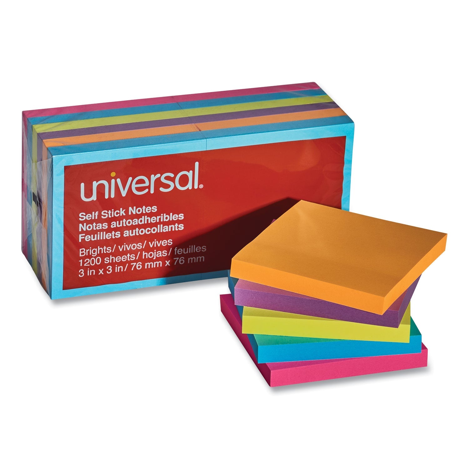 Universal Self-Stick Note Pads, 3" x 3", Assorted Bright Colors, 100 Sheets/Pad, 12 Pads/Pack