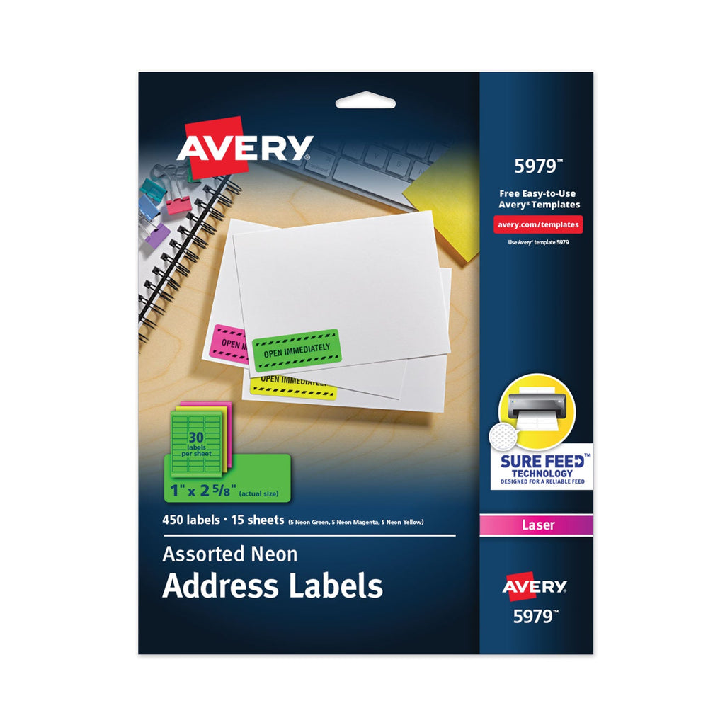 Avery High-Visibility Permanent Laser ID Labels, 1 x 2.63, Asst. Neon, 450/Pack