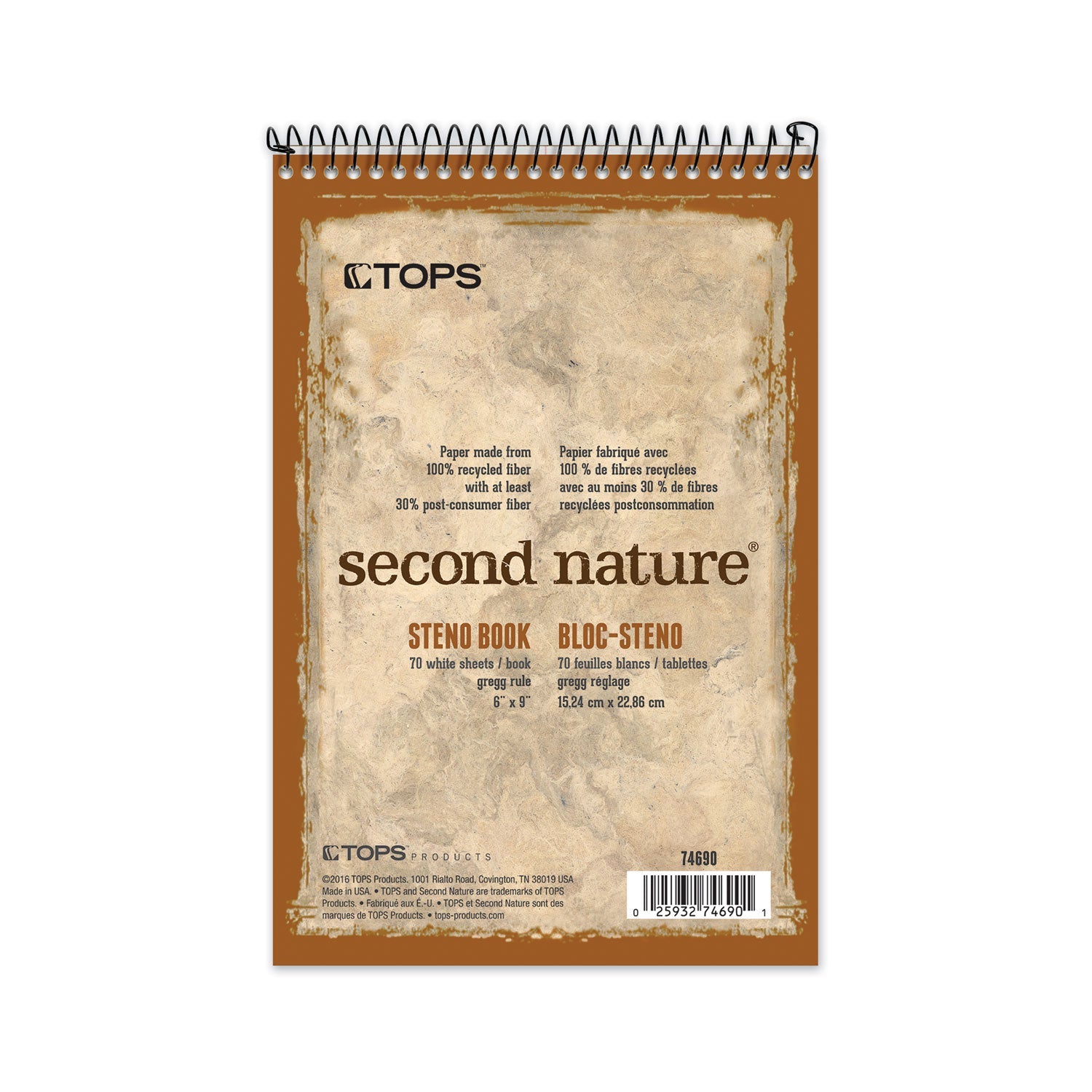 TOPS Second Nature Recycled Notepads, Gregg Rule, Brown Cover, 70 White 6 x 9 Sheets