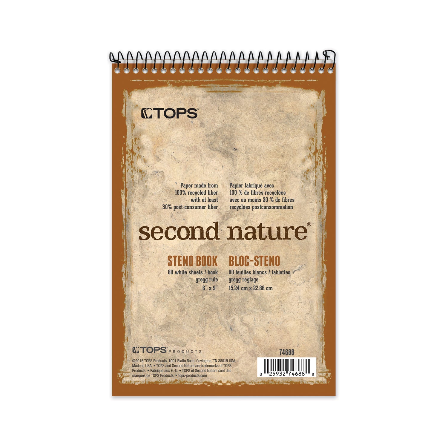 TOPS Second Nature Recycled Notepads, Gregg Rule, Brown Cover, 80 White 6 x 9 Sheets