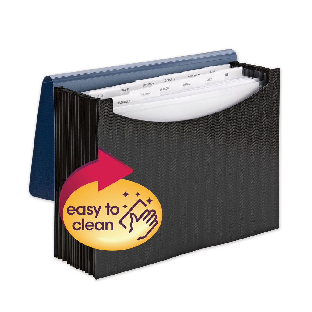 Smead 12-Pocket Poly Expanding File, 0.88" Expansion, 12 Sections, Cord/Hook Closure, 1/6-Cut Tabs, Letter Size, Black/Blue