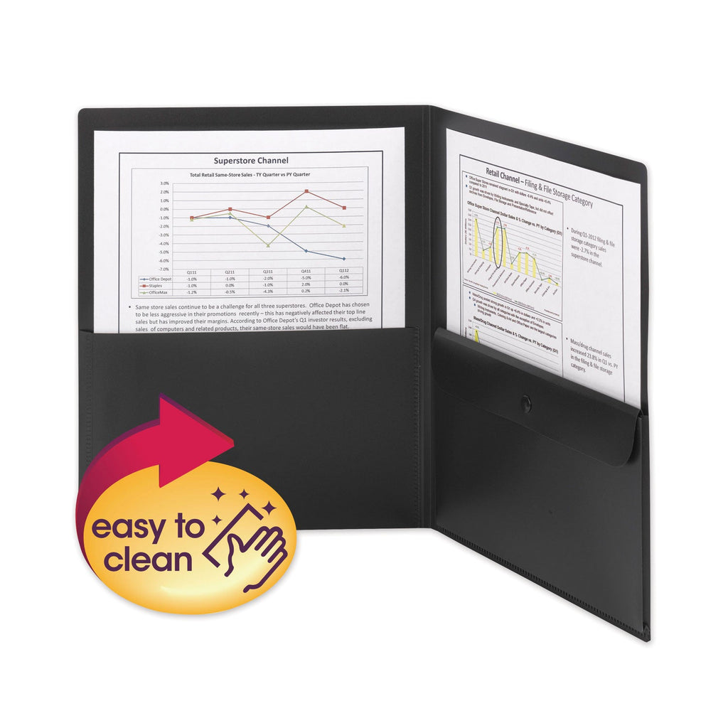 Smead Poly Two-Pocket Folder with Snap Closure Security Pocket, 100-Sheet Capacity, 11 x 8.5, Black, 5/Pack