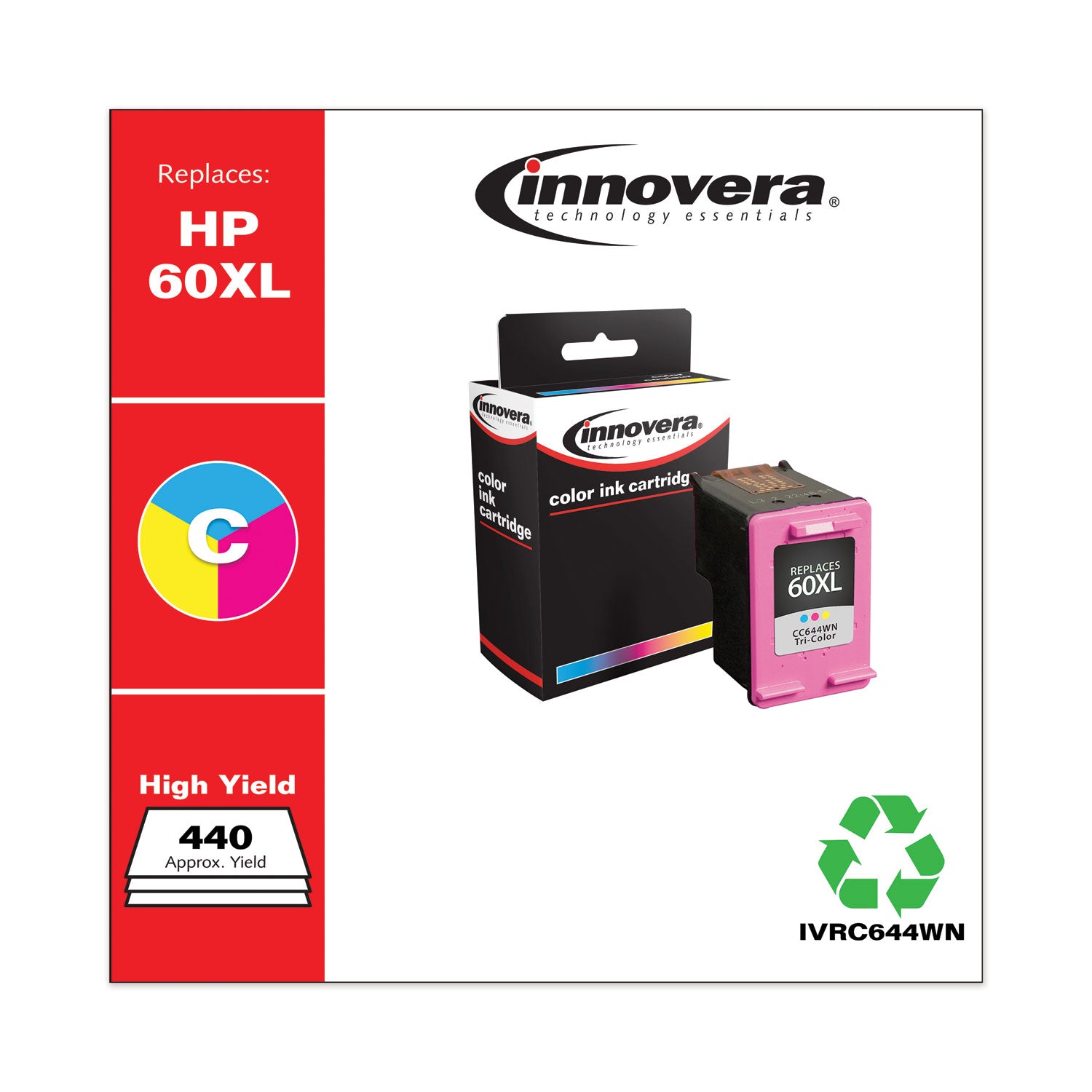 Innovera Remanufactured Tri-Color High-Yield Ink, Replacement for 60XL (CC644WN), 440 Page-Yield
