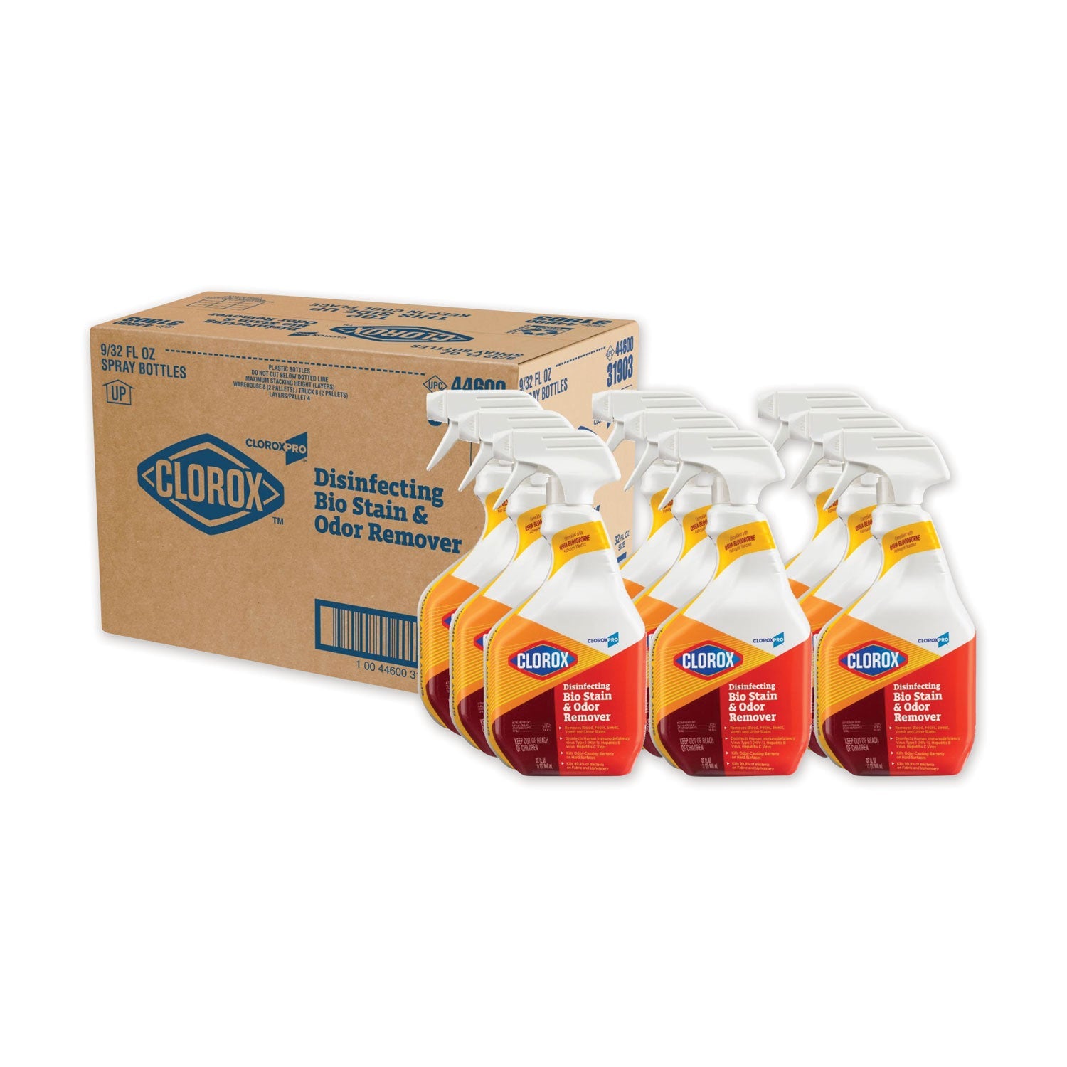Clorox Disinfecting Bio Stain and Odor Remover, Fragranced, 32 oz Spray Bottle, 9/Carton