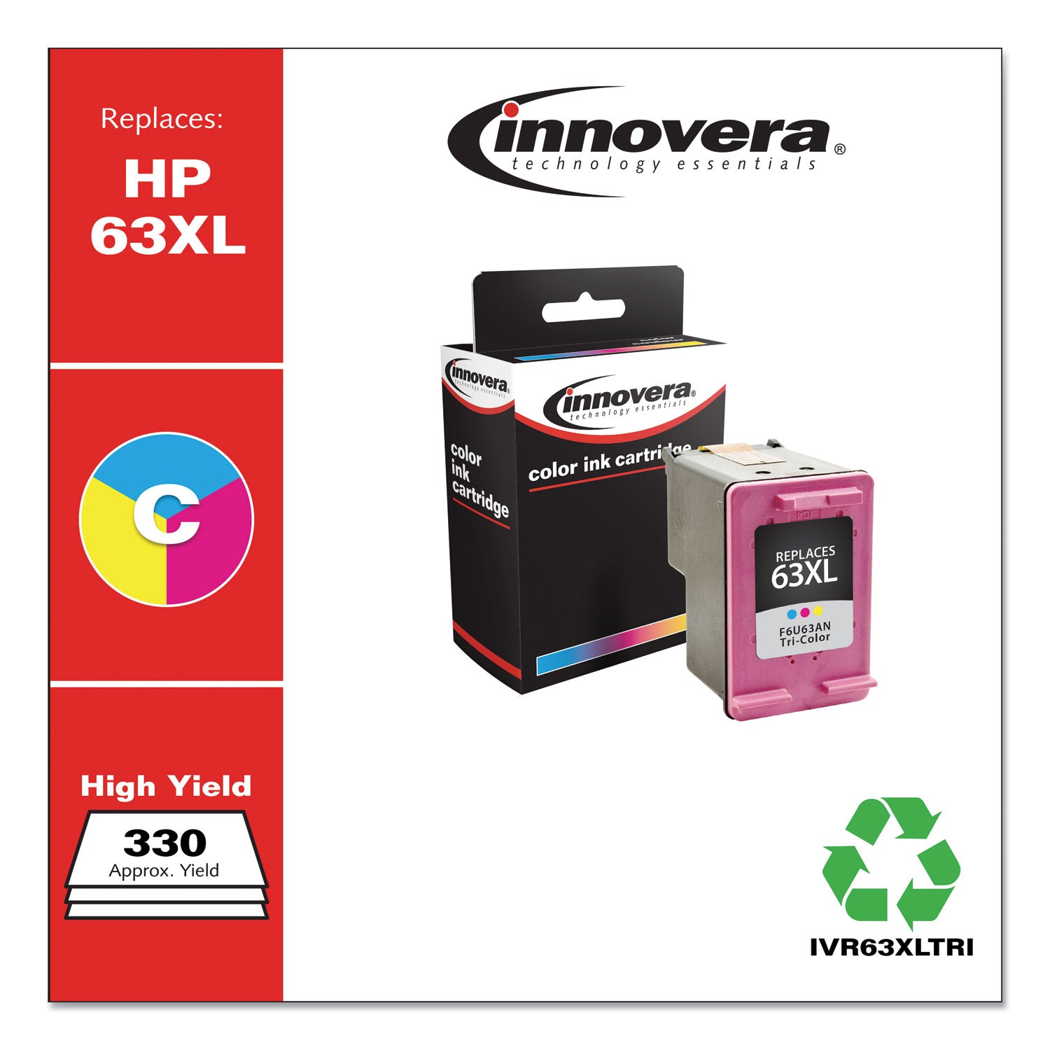 Innovera Remanufactured Tri-Color High-Yield Ink, Replacement for 63XL (F6U63AN), 330 Page-Yield
