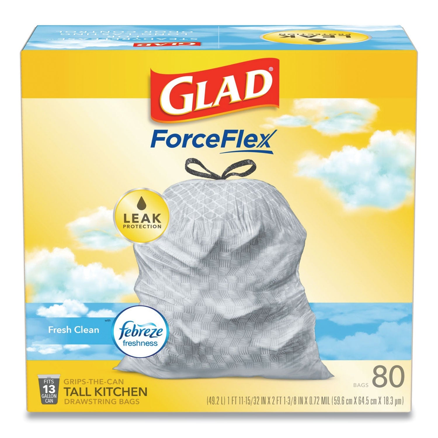 Glad OdorShield Tall Kitchen Drawstring Bags, 13 gal, 0.72 mil, 24" x 27.38", White, 240/Carton