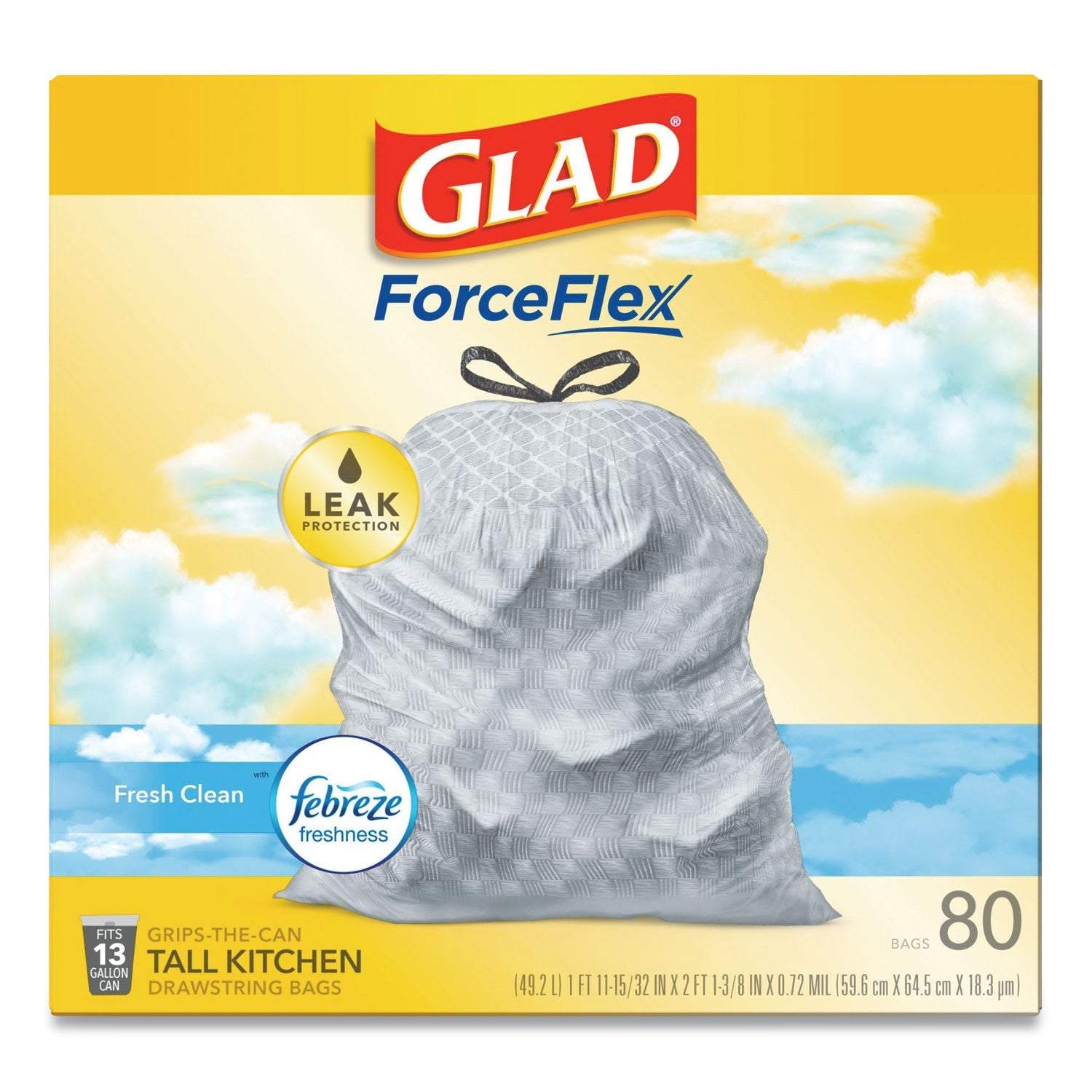 Glad OdorShield Tall Kitchen Drawstring Bags, 13 gal, 0.72 mil, 24" x 27.38", White, 240/Carton