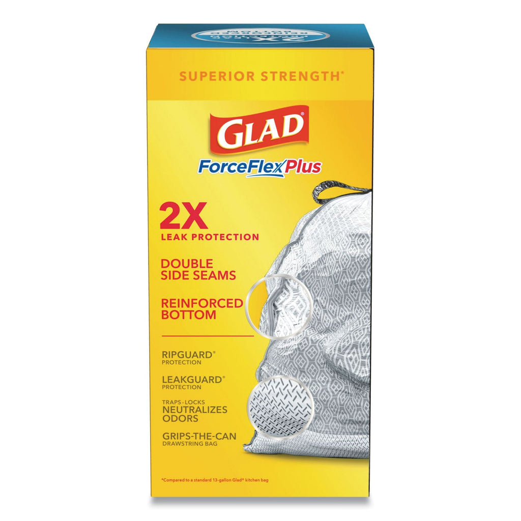 Glad ForceFlexPlus OdorShield Tall Kitchen Drawstring Trash Bags, 13 gal, 0.9 mil, 24" x 28", White, 204/Carton