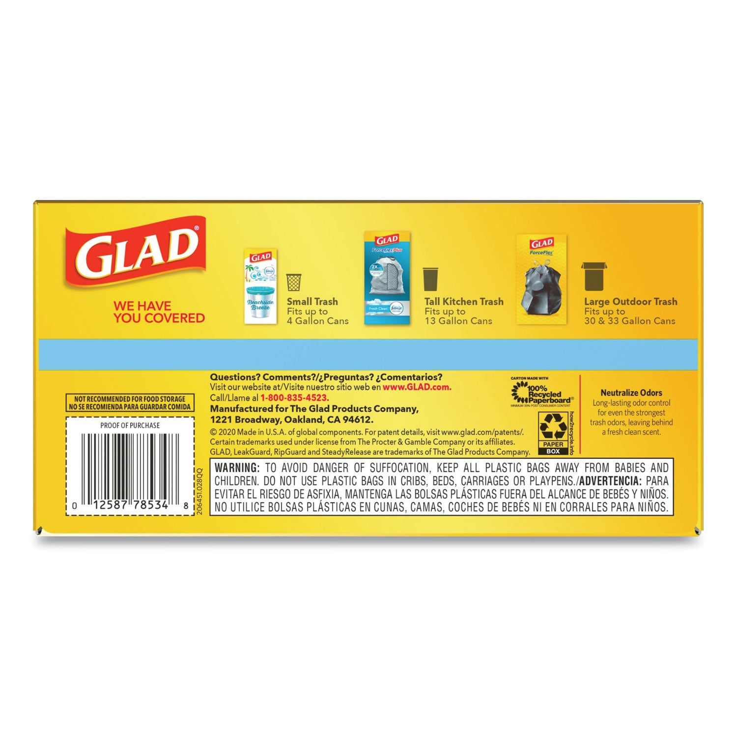 Glad OdorShield Tall Kitchen Drawstring Bags, 13 gal, 0.72 mil, 24" x 27.38", White, 240/Carton