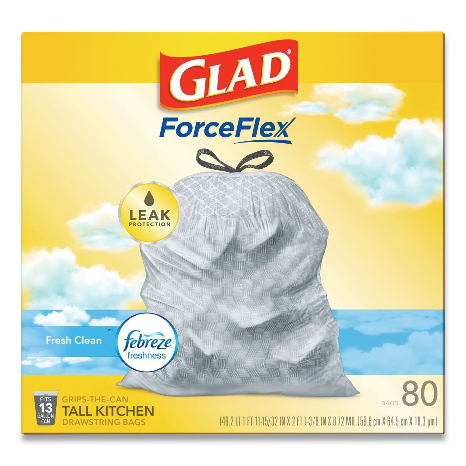 Glad OdorShield Tall Kitchen Drawstring Bags, 13 gal, 0.72 mil, 24" x 27.38", White, 240/Carton