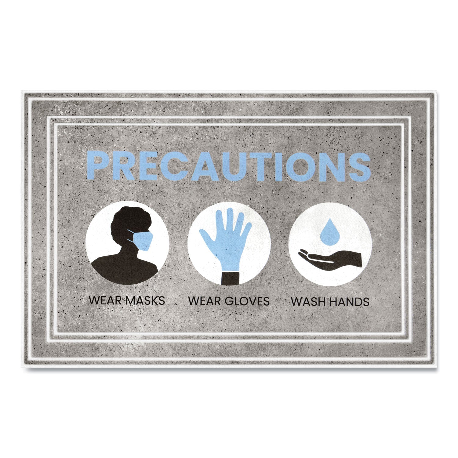 Apache Mills Message Floor Mats, 24 x 36, Gray/Blue, "Precautions Wear Masks Wear Gloves Wash Hands"