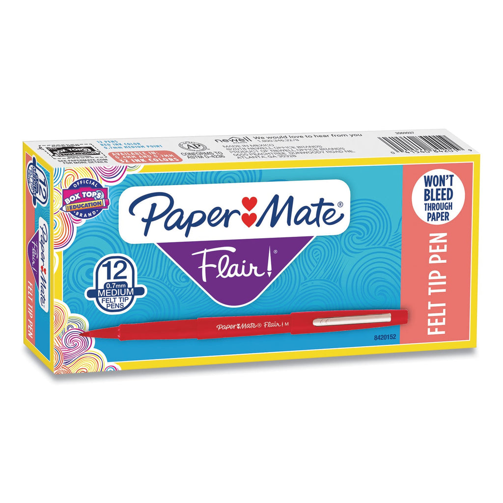 Paper Mate Point Guard Flair Felt Tip Porous Point Pen, Stick, Medium 0.7 mm, Red Ink, Red Barrel, Dozen