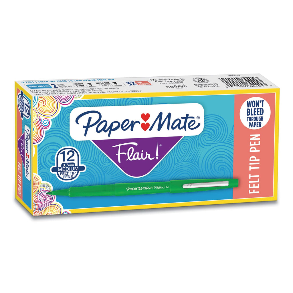 Paper Mate Point Guard Flair Felt Tip Porous Point Pen, Stick, Medium 0.7 mm, Green Ink, Green Barrel, Dozen