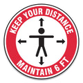 Accuform Slip-Gard Social Distance Floor Signs, 17" Circle, "Keep Your Distance Maintain 6 ft", Human/Arrows, Red/White, 25/Pack